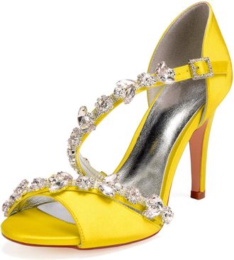 Generic Wedding Bridal Shoes Womens Heels Ankle Strap High Heels Heeled Open Toe Satin Bridal Stiletto Sandals 10.5Cm,Yellow,5 UK