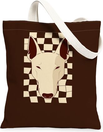 Generic Artistic Dog Canvas Tote Bags, Stylish Checker Pattern Reusable Grocery Bags, Lightweight Washable Shoulder Strap Canvas Fo, Brown, 13x15 Inch