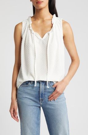 Loveappella Tie Neck Swiss Dot Sleeveless Knit Top in Ivory at Nordstrom, Size X-Small