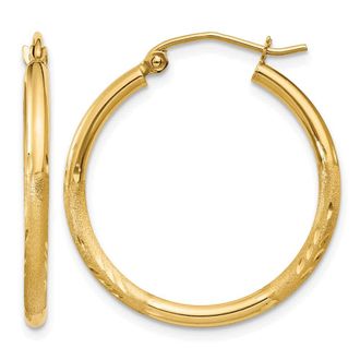 Diamond2Deal 14k Gold Satin & Diamond-cut 2x25mm Round Hoop Earrings