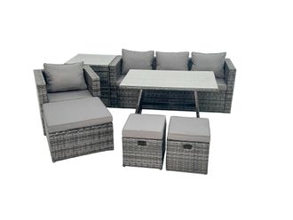 Fimous Rattan Dining Table Sofa Set with Side Table 3 Footstools Outdoor in Dark Grey