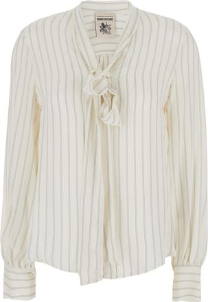 Semicouture White Shirt With Tie Detail On The Front And All-over Striped Motif In Silk Blend Woman