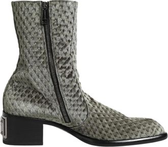 Dolce & Gabbana Grijze Katoenen Velvet Mid Calf Laarzen - Dames - Laarzen met Hak - Grijs - 44 EU - Katoen - Schoenen