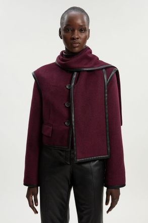 Karen Millen Womens Brushed Wool Pu Mix Detachable Scarf Tailored Crop Coat - Burgundy - Size 12 UK