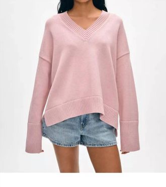 White + Warren Organic Cotton Rib Trim Oversized V Neck Sweater In Blush