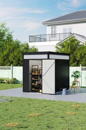 Living and Home 5.3x8.5FT Garden Storage Shed Weatherproof Metal Shed - Flat Roof & Light Panels with Foundation, Black