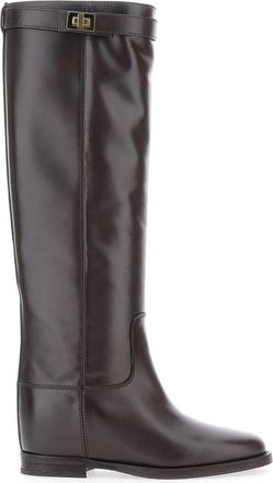 Via Roma 15 Black Boots With Padlock Detail And Low Block Heel In Leather Woman