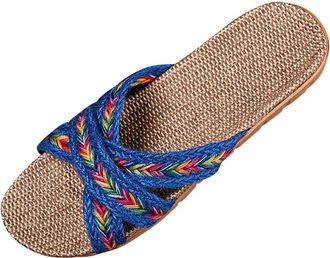 Generic Mules Womens Linen Slippers Summer Slippers Lightweight Flat Slippers Slides Non-Slip Slippers Peep Toe Summer Shoes Sandals Soft Slippers Comfortable