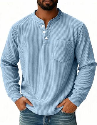 Generic Corduroy shirts Henley collar Mens Waffle Sweatshirt with Pocket V-Neck Button Up Flap Pockets Autumn Plain Thickened Light Blue L