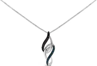 House of Brilliance Sterling Silver 1/4 Cttw Black Blue White Diamond Linear Swirl Pendant Necklace