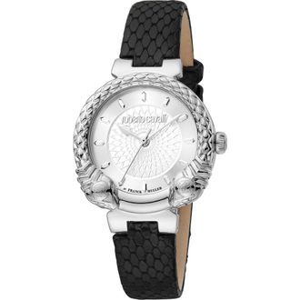 Roberto Cavalli Snake Swiss Quartz Embossed Leather Strap Watch, 32mm in Black at Nordstrom Rack