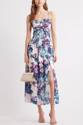 Chelsea28 Smocked Drop Waist Midi Dress in Ivory- Blue Floral at Nordstrom, Size Xx-Large