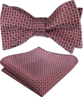 Alizeal Mens Self Tied Regular Plaid Dot Bow Tie and Pocket Square Set, Maroon+Blue