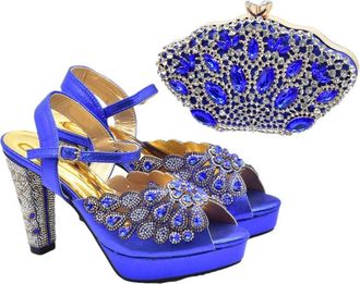 Generic Womens Peep Toe Thin Heels Shoes Matching Flower Evening Handbag Set Sparkly Rhinestone Big Crystal Decoration Blue