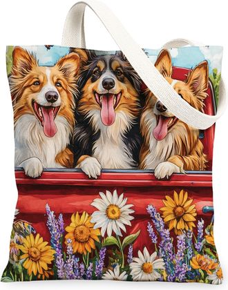 Generic Spring Shih Tzu Dog Canvas Tote Bag for Shopping 13x15, Truck Garden Daisy Scenic Puppy Reusable Grocery Print Bag for Women, Pet Beach Aesthetic Pain