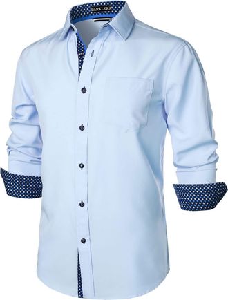 PARKLEES Mens Hipster Urban Design Regular Fit Long Sleeve Casual Business Button Up Dress Shirts with Pocket Light Blue XXL