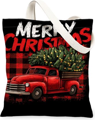 Generic Christmas Canvas Tote Bags, Truck Design Reusable Grocery Bags, Holiday Vintage Lightweight Washable Shoulder Strap Canvas, Red, 13x15 Inch