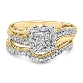 House of Brilliance 14K Yellow Gold Plated Sterling Silver 1/2 Cttw Princess Square Diamond Bridal Set