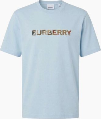 Burberry Mens Burberry Check Logo Embroidered T Shirt Pale Blue - Size: 42