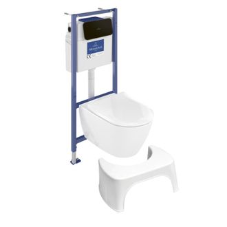 Villeroy & Boch Pack Inodoro Villeroy Et Boch Subway 2.0 Sin Reborde Con Asiento De Cierre Suave + Estructura Viconnect Pro + Placa Negra Mate + Taburete Blanco