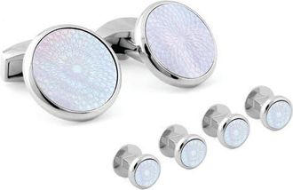 Tateossian Rotondo Guilloch&eacute; Mother-of-Pearl Formal Cuff Link & Shirt Stud Set in White at Nordstrom