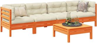 vidaXL Set De Sof&aacute;s Jard&iacute;n 5 Pzas Con Cojines Madera Pino Marr&oacute;n Cera Vidaxl