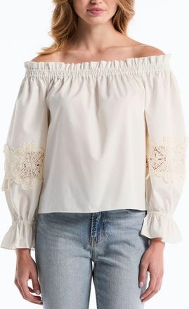 Shelli Segal Embroidered Off-the-Shoulder Long Sleeve Top in Start White at Nordstrom Rack, Size X-Small