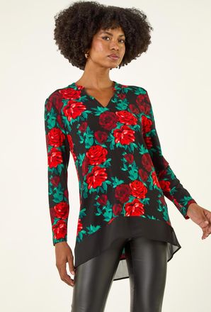 Roman Floral Print V-Neck Chiffon Top