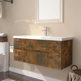 vidaXL Mueble De Ba&ntilde;o Con Lavabo Madera Contrachapada Roble Ahumado Vidaxl