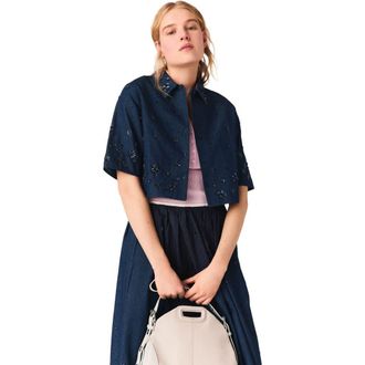 Maje Embroidered cropped denim shirt in Navy at Nordstrom, Size X-Small