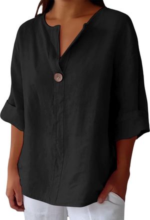 Generic Plus Size Ladies 3/4 Sleeve Linen Tops for Women UK Sales Short Sleeve Cotton Linen Tops Summer V Neck Casual Loose Vacation Beach Solid Color Blouses