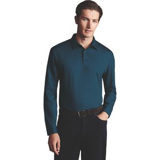 CHARLES TYRWHITT Plain Long Sleeve Jersey Polo in Turquoise Blue at Nordstrom, Size Large