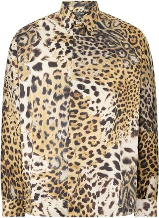 Roberto Cavalli Zijden Overhemd met Luipaardprint - Heren - Casual Overhemden - Bruin - 2XL - Overhemden