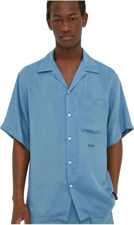 Msgm Cupro Bowling Shirt - Heren - Korte mouwen Overhemden - Blauw - XL - Overhemden
