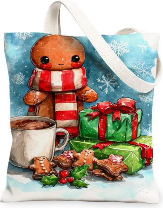 Generic Christmas Gingerbread Canvas Tote Bags, Holiday Treats Pattern Reusable Grocery Bags, Winter Cute Cartoon Lightweight Washa, White, 13x15 Inch