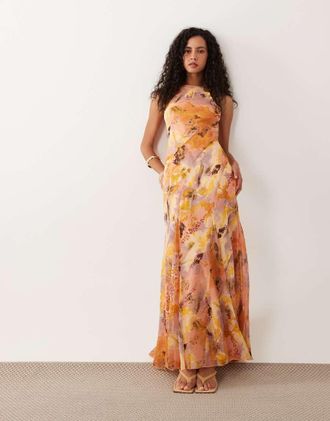 Asos Vestito lungo con scollo a vogatore, taglio sbieco e fondo a godet arancione con stampa astratta-Multi