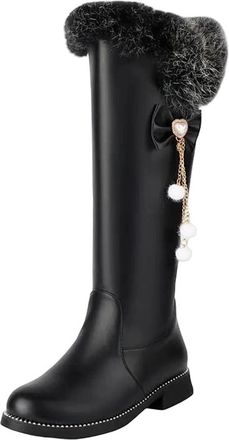 Generic Womens Knee High Boots Round Toe Low Block Heel Slip On With Butterfly-Knot Accent For Dating And Parties