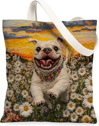 Generic Spring Poodle Dog Canvas Tote Bag for Shopping 13x15, Knitting Style Garden Puppy Reusable Grocery Print Bag for Women, Fun Pet Beach Aesthetic Painti