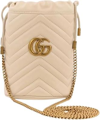 Gucci Pre-owned GG Marmont Leather Mini Bucket Shoulder Bag - Dames - Vintage Tas - Beige - ONE Size - Leer - Vintage