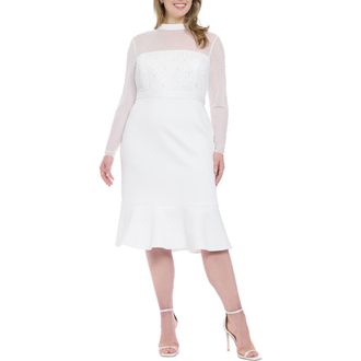 London Times Long Sleeve Faux Pearl Illusion Midi Dress in Ivory at Nordstrom Rack, Size 22W