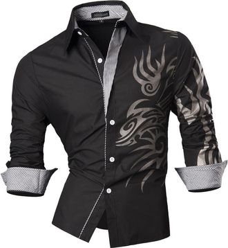 Jeansian Mens Slim Fit Long Sleeves Casual Totem Prints Shirts Dress Tops Button Z001 Black 3XL