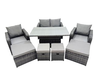 Fimous 8-seater Rattan Garden Furniture Dining Set with 4 Footstool in Dark Grey