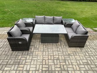 Fimous Rattan Outdoor Garden Furniture Sets Height Adjustable Rising lifting Dining Table Reclining Chair Sofa Set Dark Grey