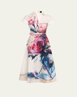 Teri Jon Cotton Floral Short-Sleeve Shirtwaist Dress