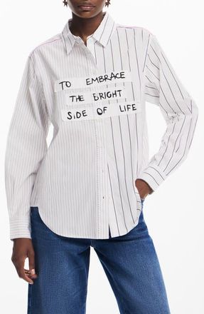Desigual Cam Yokohama Mixed Stripe Cotton Poplin Button-Up Shirt in White at Nordstrom, Size Small