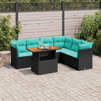 vidaXL Vidaxl Set De Sof&aacute;s De Jard&iacute;n 7 Pzas Con Cojines Rat&aacute;n Sint&eacute;tico Negro
