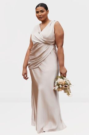 Six Stories Plunge Drape Satin Bridesmaid Dress in Oyster at Nordstrom, Size 12