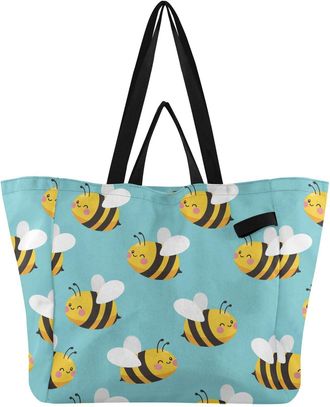 Generic Yellow Bee pattern Reusable Canvas Tote Bag, Heavy Duty Grocery Shopping Bag with Hard Bottom Large Capacity Double Handles Work Groceries Travel