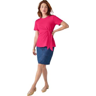 Jessica London Tie-Front Short Sleeve Knit Tee in Pink Burst at Nordstrom, Size Medium