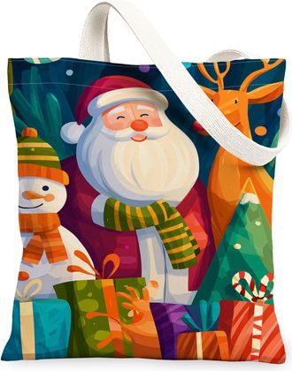 Generic Christmas Santa Reusable Canvas Tote Bags, Festive Holiday Design Lightweight Washable Grocery Bags for Shopping Outdoor Tr, Multicolor, 13x15 Inch